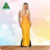 Cardboard cutout of a woman in a yellow dress with 'Australian Made' logo in the corner.