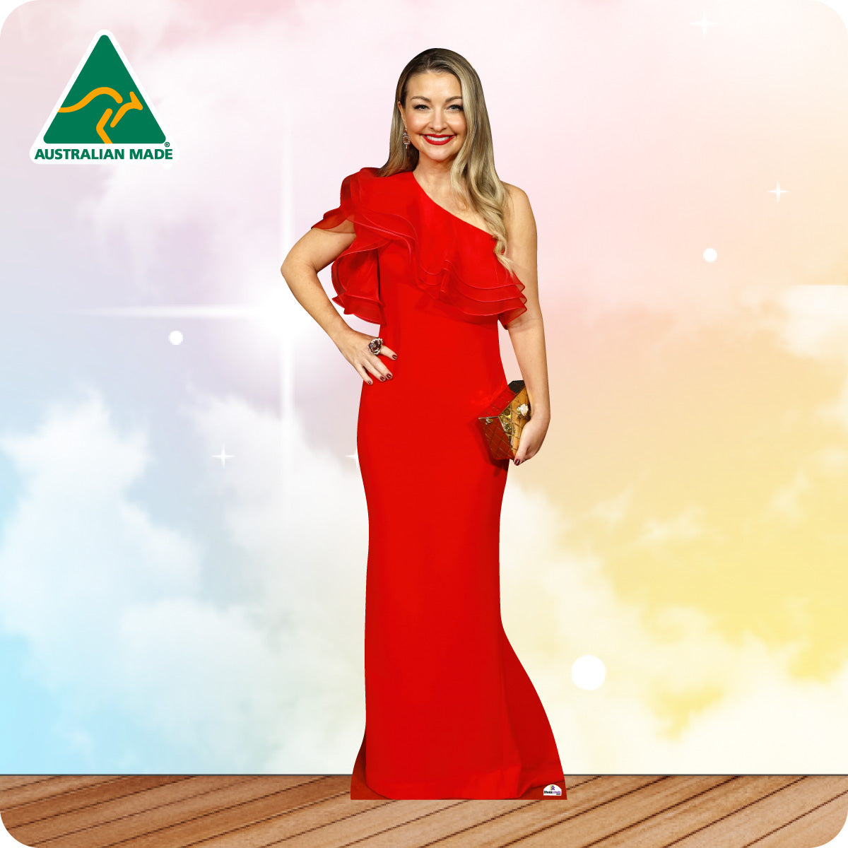 Woman in a red dress with a blurred background and 'Australian Made' logo.