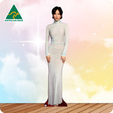 Woman in a white evening gown on a colorful background with 'Australian Made' logo.