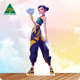 Cardboard cutout of a person in colorful outfit with 'Australian Made' logo on a gradient background