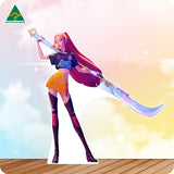 Cardboard cutout of a person in colorful outfit with 'Australian Made' logo on a gradient background