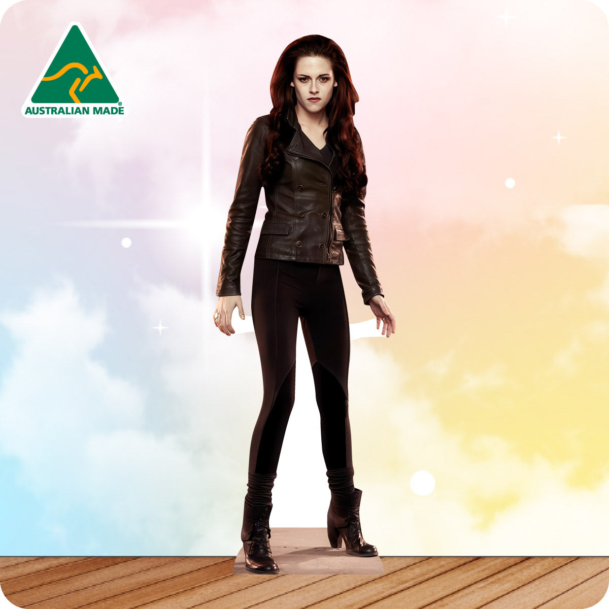 Cardboard cutout of a person wearing a leather outfit with an 'Australian Made' logo in the corner.