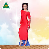 Cardboard cutout of a woman in a red dress with 'Australian Made' logo in the corner.