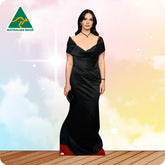 Life-size cardboard cutout of a woman in a black dress with 'Australian Made' logo in the corner.