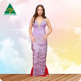Laufey in a purple evening gown with a blurred background and 'Australian Made' logo.