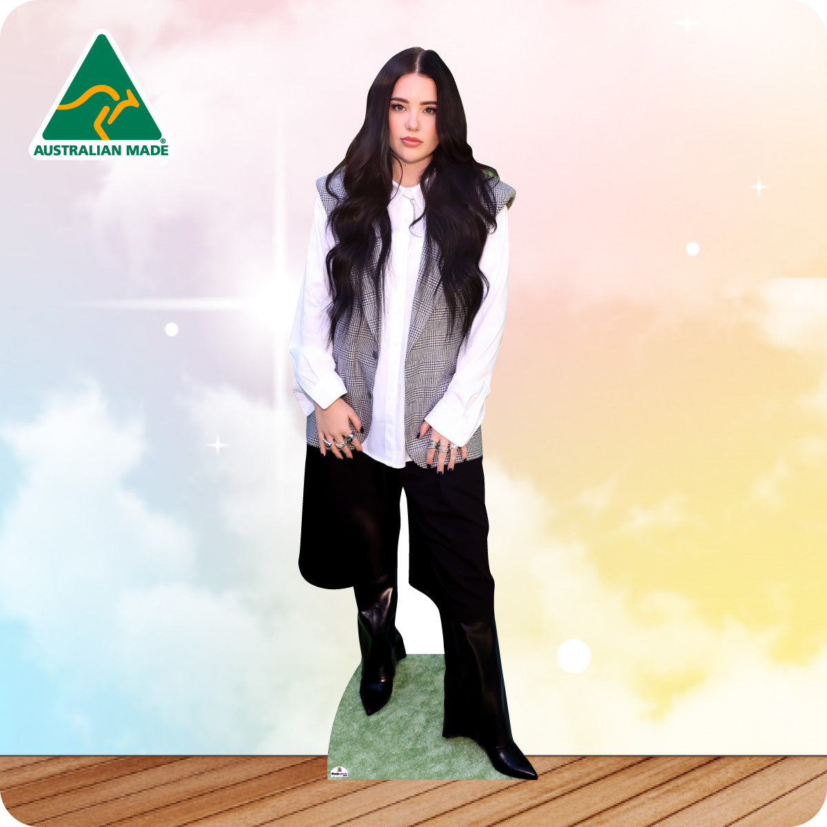 Cardboard cutout of a person wearing a white shirt, gray vest, and black pants on a colorful background with 'Australian Made' logo.