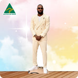 Basketball Player LeBron James n a white suit.