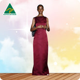 Woman in a burgundy evening gown against a colorful gradient background with 'Australian Made' logo.