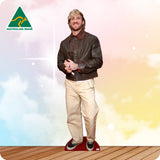 Cardboard cutout of a person wearing a leather jacket and beige pants with 'Australian Made' logo in the corner.