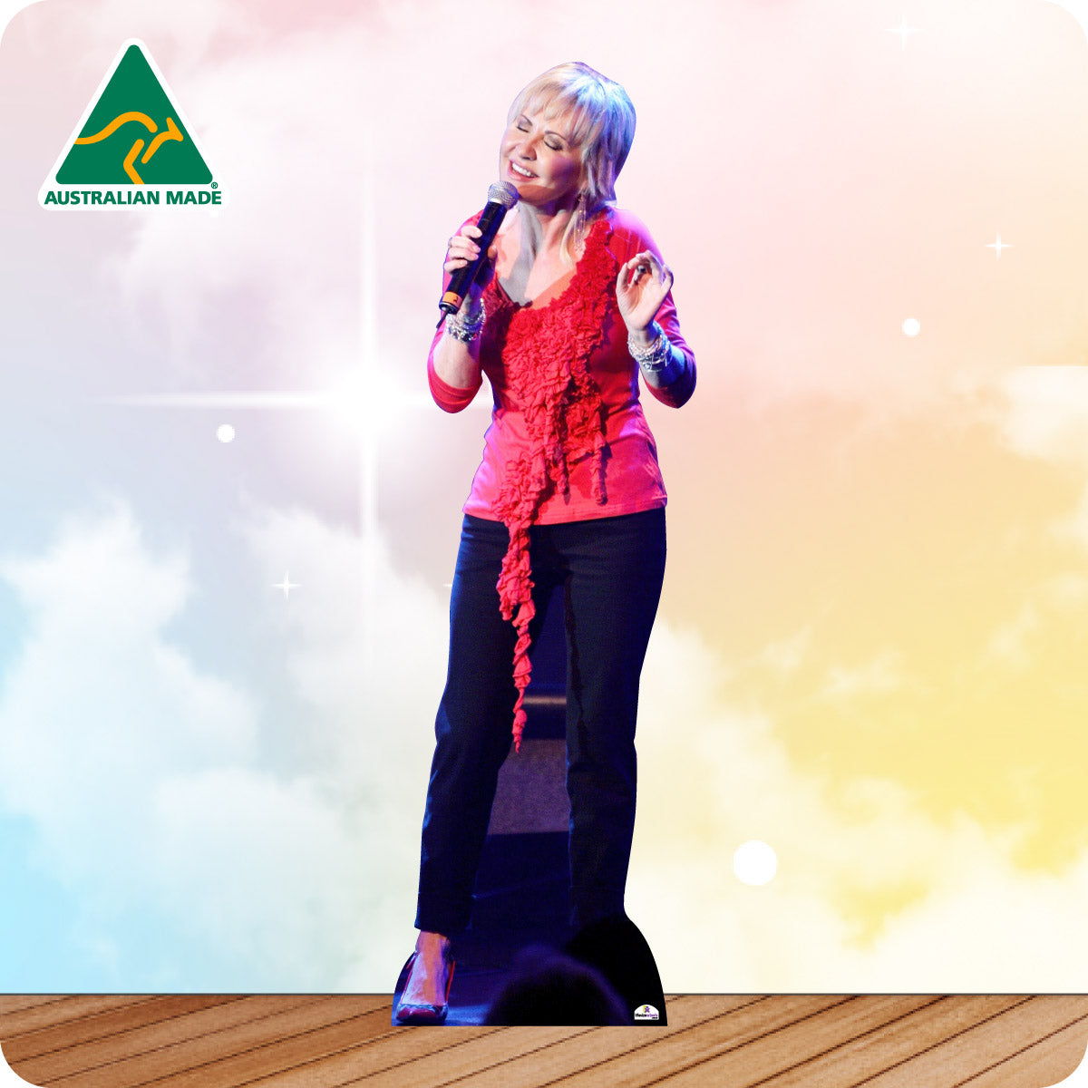 Cardboard cutout of a person on a standee with 'Australian Made' logo in the corner.