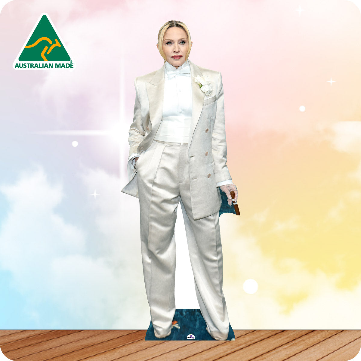 Cardboard cutout of a person in a white suit with 'Australian Made' logo in the corner.