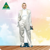 Cardboard cutout of a person in a white suit with 'Australian Made' logo in the corner.