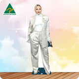 Cardboard cutout of a person in a white suit with 'Australian Made' logo in the corner.
