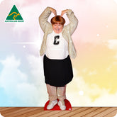 Cardboard cutout of a person wearing a white shirt with a 'C' logo, black skirt, and gold jacket on a colorful background.