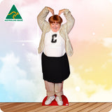 Cardboard cutout of a person wearing a white shirt with a 'C' logo, black skirt, and gold jacket on a colorful background.