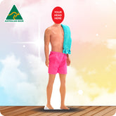 Cardboard cutout of a person wearing pink shorts with a blue towel draped over one shoulder, set against a colorful background with 'Australian Made' logo.