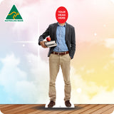 Cardboard standee of a person holding books with 'Your Head Here' placeholder, Australian Made logo visible.