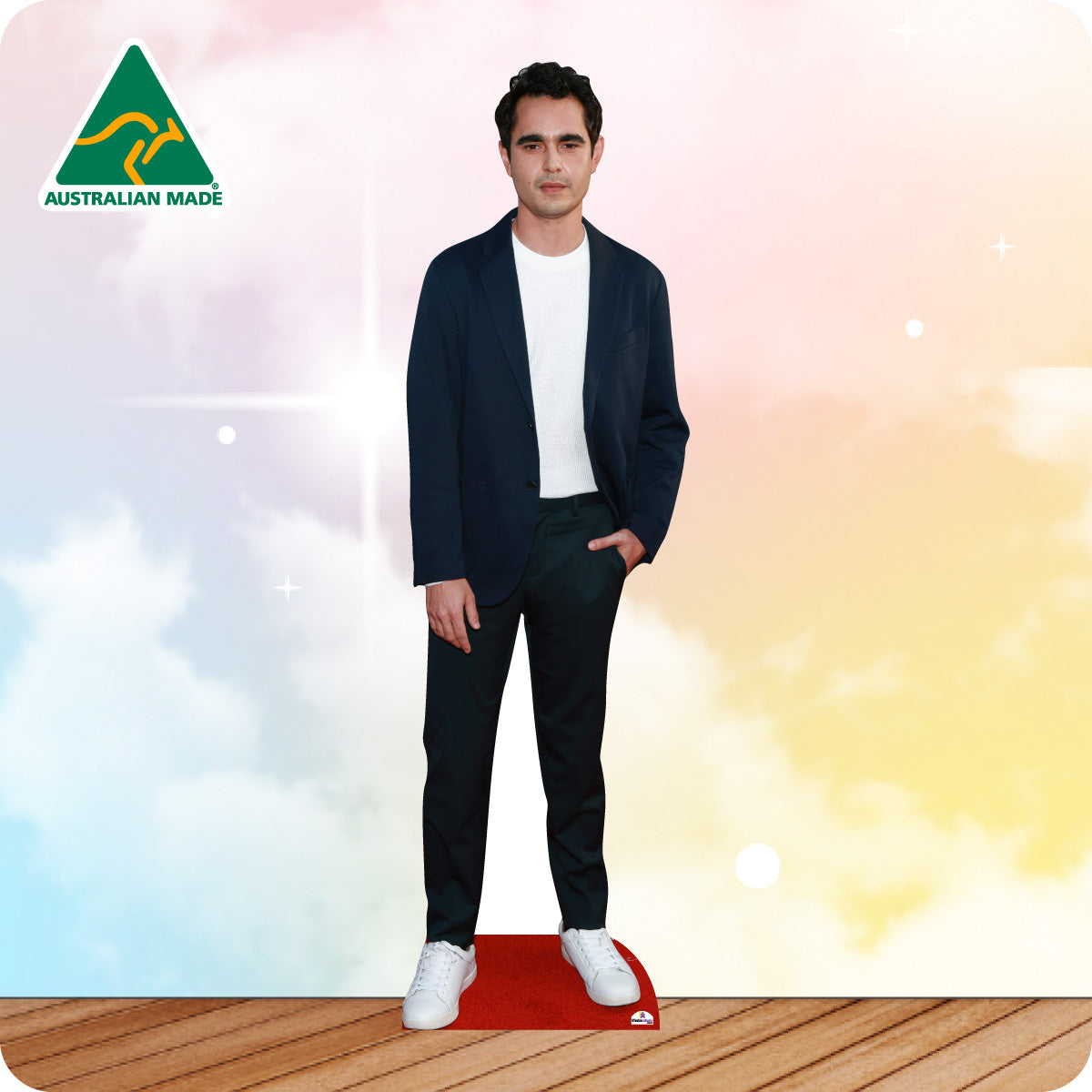 Cardboard standee of a man in a suit with 'Australian Made' logo in the corner.