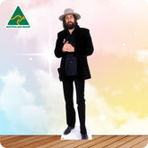 Cardboard cutout of a person in formal attire with 'Australian Made' logo on a gradient background