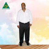 Cardboard cutout of a man wearing a white shirt and black pants with 'Australian Made' logo in the corner.