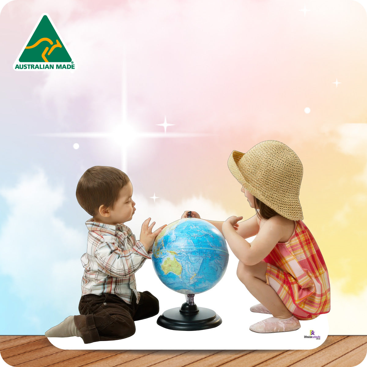 Two children examining a globe with a colorful background and 'Australian Made' logo.
