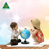 Two children examining a globe with a colorful background and 'Australian Made' logo.