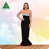 Woman in a black and red evening gown with 'Australian Made' logo in the corner.