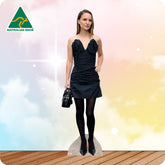 Cardboard cutout of a woman in a black dress with 'Australian Made' logo in the corner.