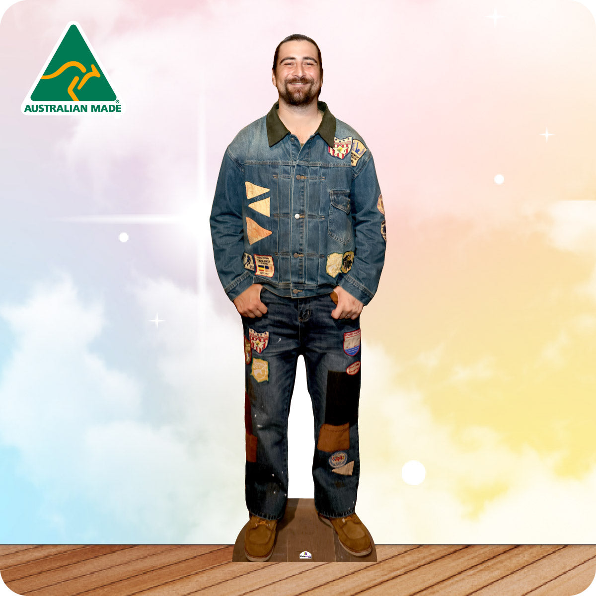 Cardboard cutout of a man wearing a denim jacket with 'Australian Made' logo in the corner.