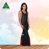 Woman in a black evening gown with 'Australian Made' logo in the corner