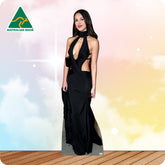 Woman in a black evening gown against a colorful gradient background with 'Australian Made' logo.