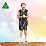 Cardboard cutout of a woman in a black dress with 'Australian Made' logo in the corner.
