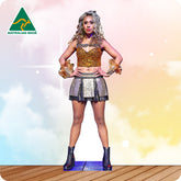 Cardboard cutout of a person in a sparkling outfit with 'Australian Made' logo in the corner.