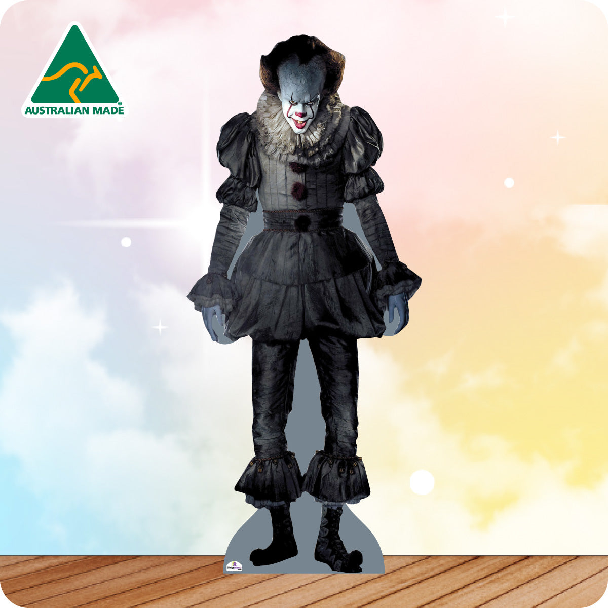Cardboard cutout of a clown with 'Australian Made' logo on a gradient background