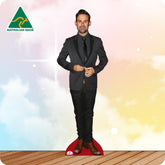 Life-size Phil Jamieson cutout wearing a black leather jacket, black T-shirt, black jeans and boots.