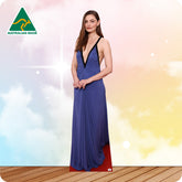 Cardboard cutout of a woman in a blue evening gown with 'Australian Made' logo in the corner.