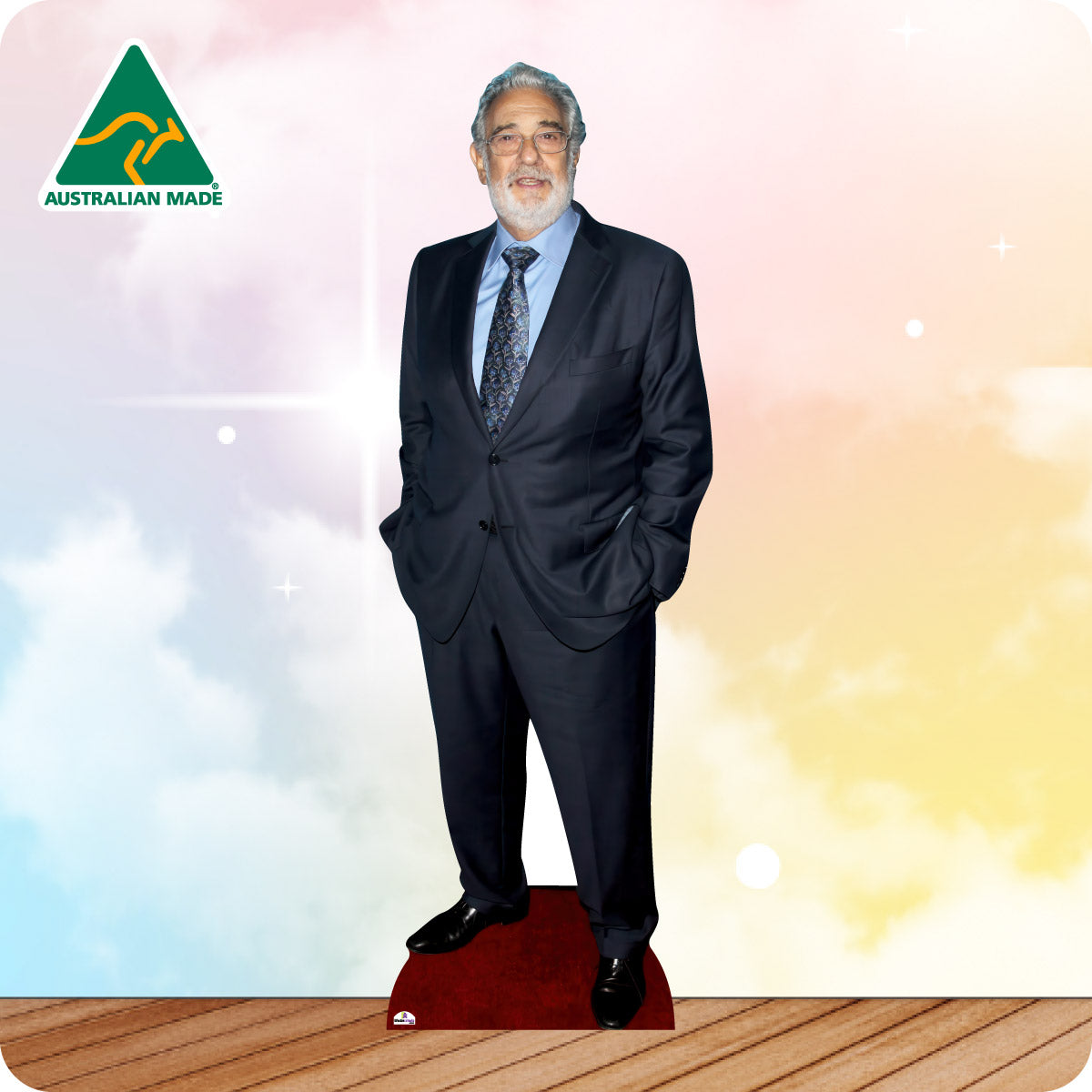 Cardboard standee of a man in a grey suit with 'Australian Made' logo on a colorful background.