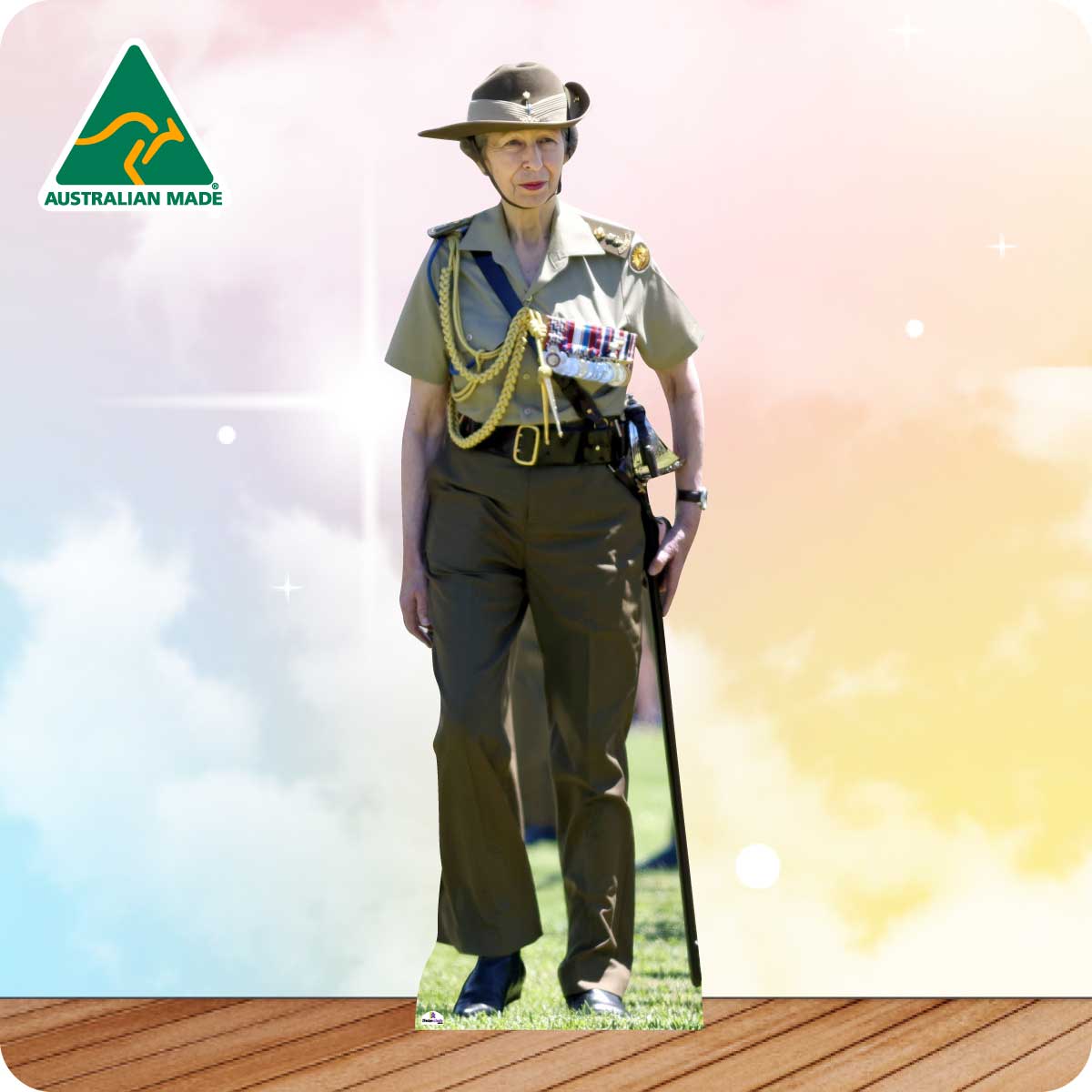Person in a uniform with a 'Made in Australia' logo on a colorful background