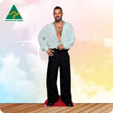Cardboard cutout of a person wearing a light blue shirt and black pants on a colorful background with 'Australian Made' logo.