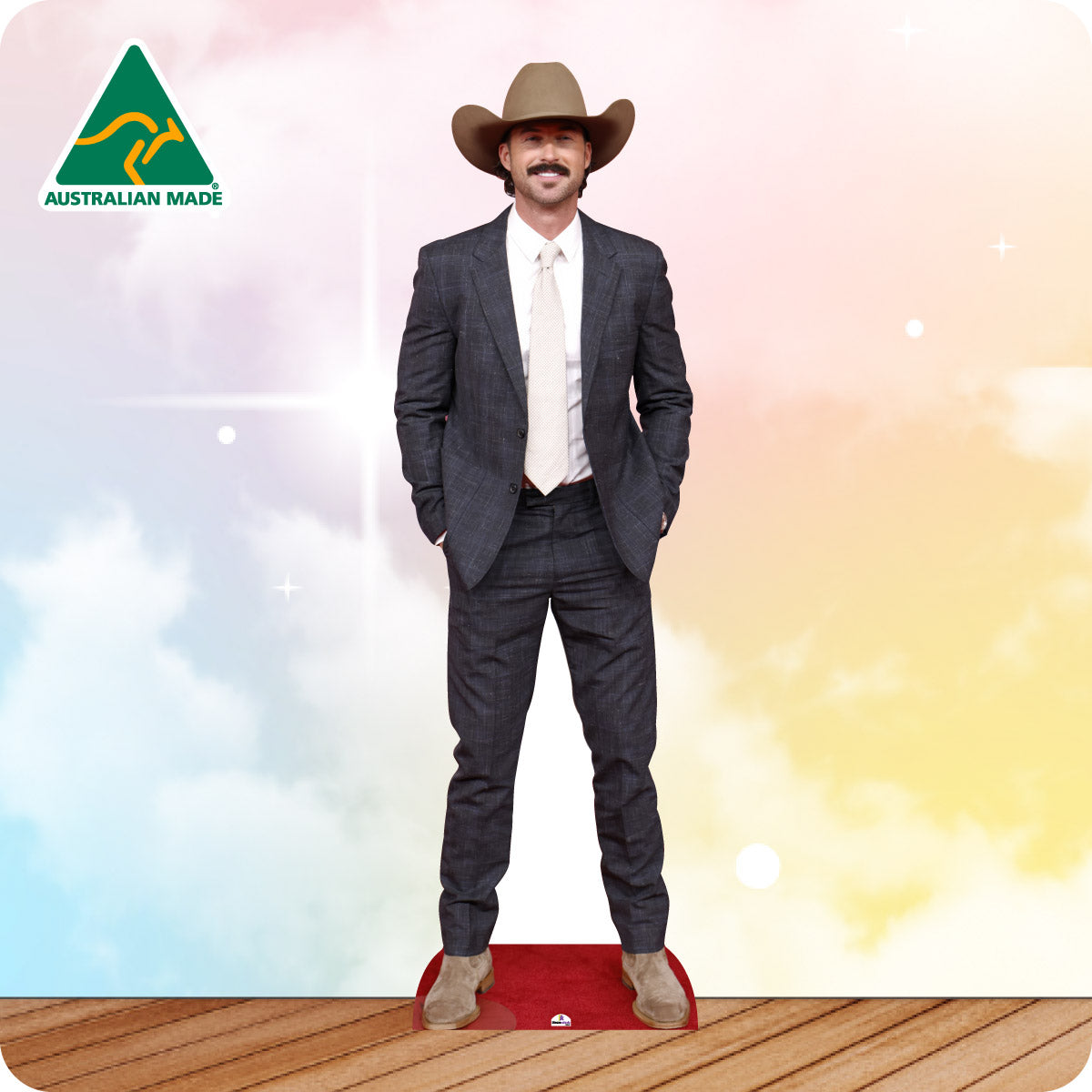 Cardboard standee of a man in a suit and cowboy hat with 'Australian Made' logo on a colorful background.