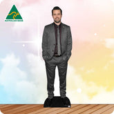 Cardboard cutout of a man in a suit with 'Australian Made' logo on a colorful background