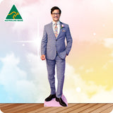 Cardboard cutout of a man in a suit with an Australian Made logo on a colorful background
