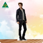 Man wearing a denim jacket and black pants on a colorful background with 'Australian Made' logo.