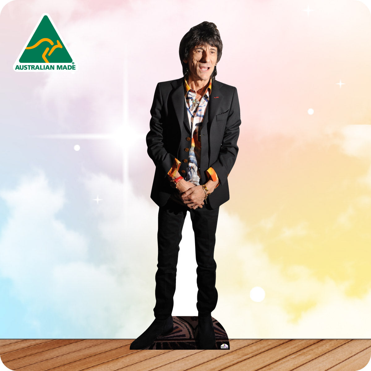 Cardboard cutout of a person with 'Australian Made' logo in the corner