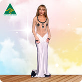 Woman in a white dress with a colorful gradient background and 'Australian Made' logo.