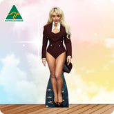 Cardboard cutout of a person wearing a maroon outfit with 'Australian Made' logo in the corner.
