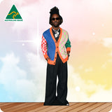 Person wearing a colorful cardigan with a blurred background and 'Australian Made' logo.