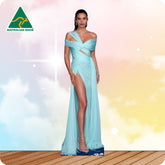 Woman in a light blue evening gown with 'Australian Made' logo in the corner.