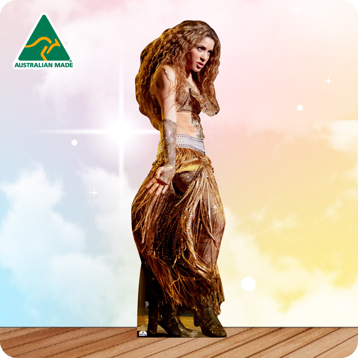 Cardboard standee of a woman in a gold dress with 'Australian Made' logo on a colorful background.