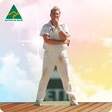 Cardboard standee of a man in a cricket outfit with 'Australian Made' logo on a colorful background.
